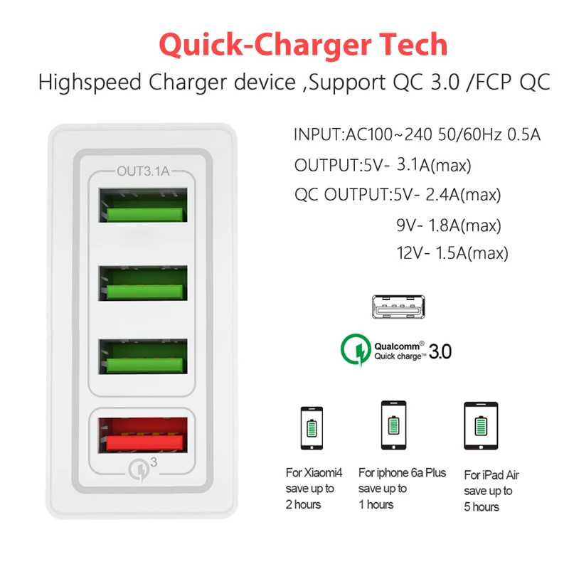 Быстрое зарядное устройство USB 3 0 QC быстрая зарядка 4 порта штекер мобильный