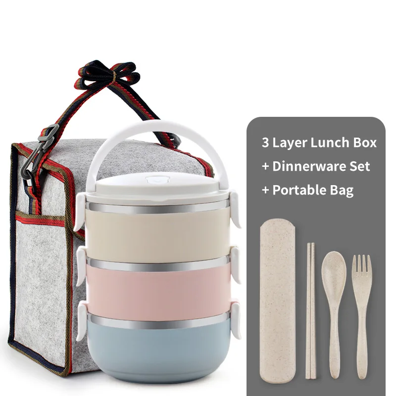 3 Layer Set Тепловой Ланч-бокс Bento контейнер для еды для детей, школы, кемпинга, портативный, для пикника, с набором посуды, сумка, контейнер для хранения еды - Цвет: 3 Layer Set