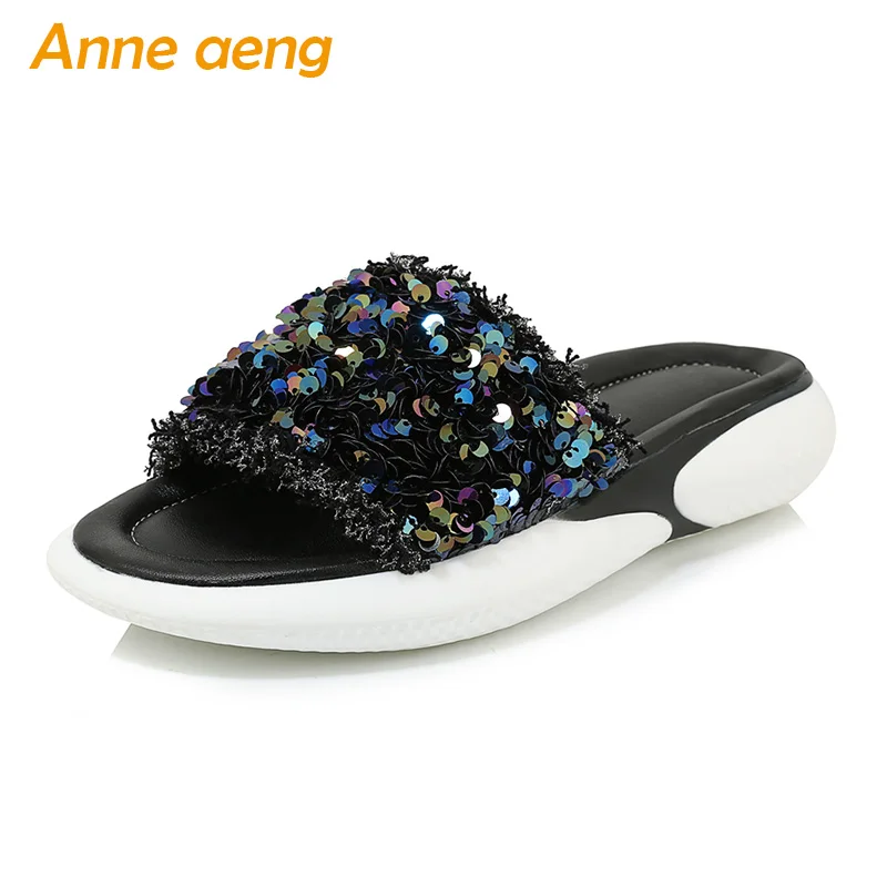 

Женские шлепанцы на платформе, удобные сандалии на среднем каблуке, повседневная обувь с блестками, сланцы, уличные тапочки, большие размер...