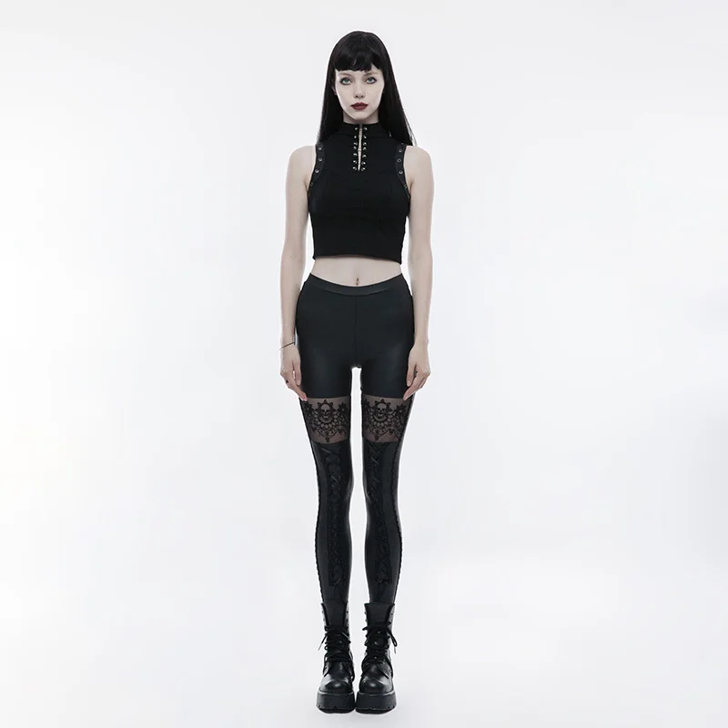 Gothic Skull Embroidered Sexy Leggings Waist Rubber Band Legs Tied Rope Elastic PU Leather Knitted pants PUNK RAVE WK-293DDF | Женская