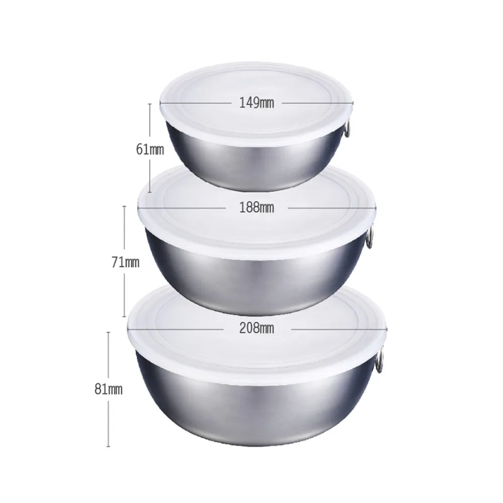 ANHO 3 шт. нержавеющая сталь 0.75L/1.5L/2L миски для смешивания с крышкой и ручками