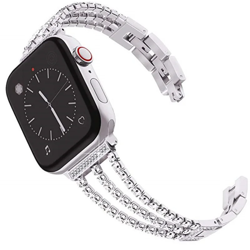 Women Watch Band Diamond Bling for Apple Watch iWatch 1/2/3/4 Stainless Steel Metal Three Chain Diamond Straps Bracelet - Цвет ремешка: Серебристый