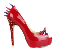 red patent leather rivets studded high heel shoes sexy pee toe slip on woman pumps fashion crystal embellished platform heels