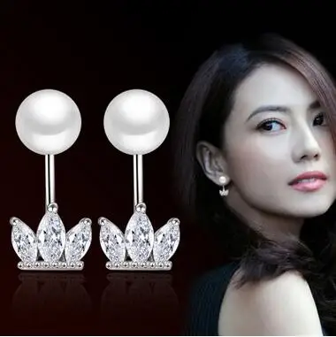 

New 2017 Hot Sell Fashion Shiny Crystal Pearl Design 925 Sterling Silver Ladies` Stud Earrings Jewelry Christmas Gift Wholesale