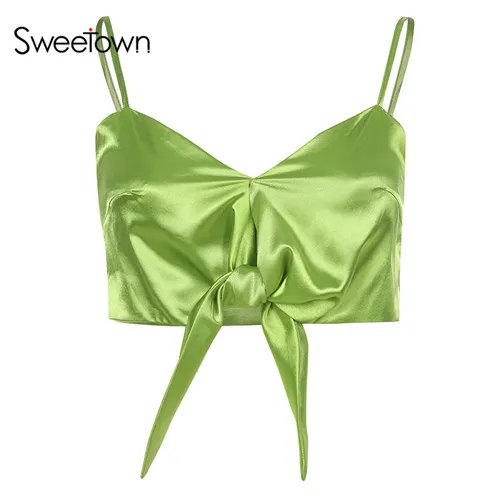 green Милое зеленое атласное бикини Cami Top Camisole Лето глубокий v-образный вырез сексуальный пляжный стильный бандажный укороченный топ Женская праздничная одежда - Цвет: green