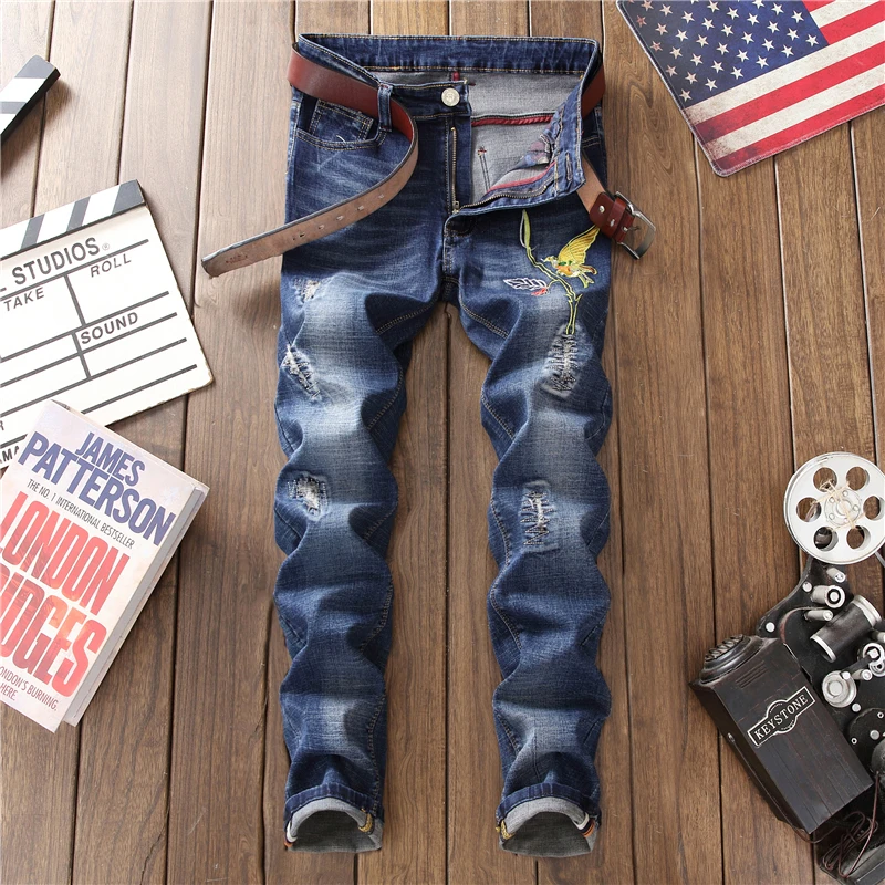 2018 New Spring Summer Fashion Men Jeans Pants Slim Holes Embroidery Denim quality cotton Elastic Hip Hop jeans pant | Мужская одежда