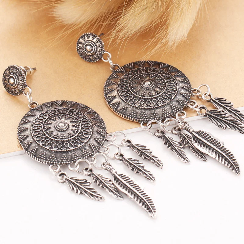 Женские Висячие серьги подвески в виде листьев и перьев Ловец снов антикварные