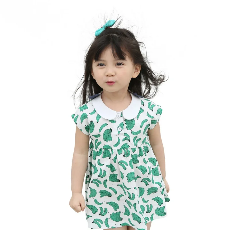 Summer Children Girl Peter Pan Collar Tutu Dress Green Banana Pattern Princess Short Sleeve Sundress | Детская одежда и обувь