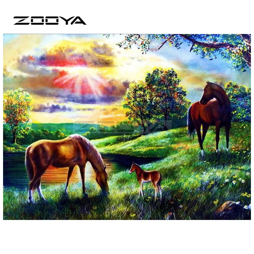 ZOOYA 5D алмазная вышивка сделай сам лошади животные луг закат живопись крестиком