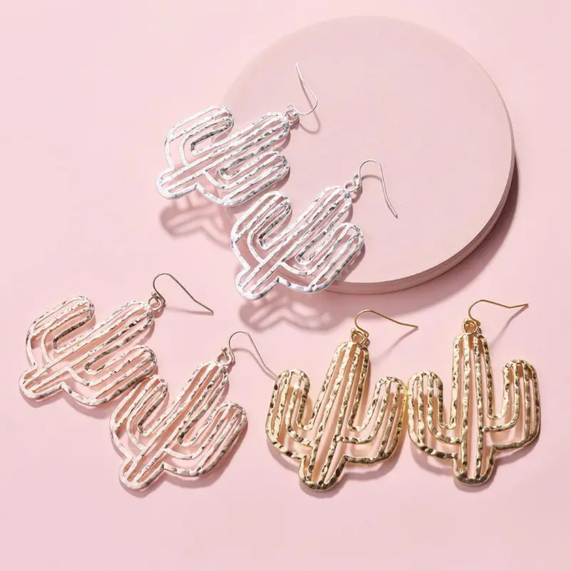

Thumped Cutout Metallic Cactaceae Dangle Drop Earrings for Women Cut Out Cacti Metal Drop Statement Earrings