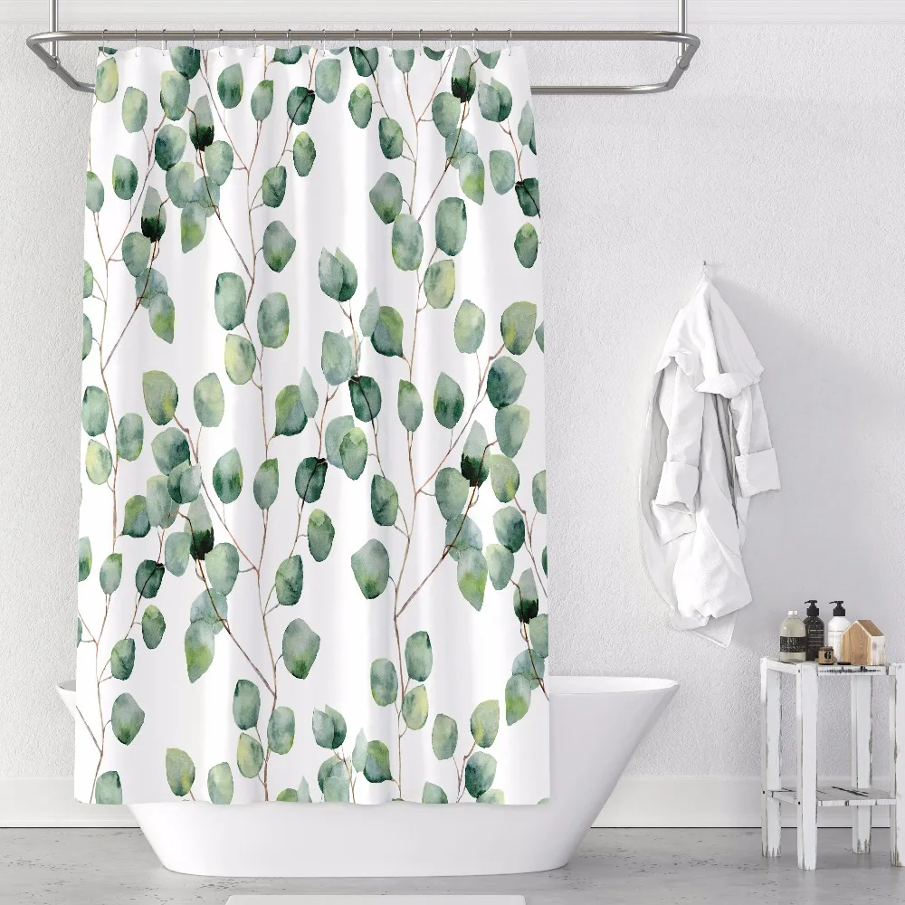 

Custom Made Shower Curtain Bathroom Curtain Partition + Hooks 1.2/1.5/1.8/2x1.8m 1.5x2m 1.8x2m 2x2m 2.4x2m Green Leaves White
