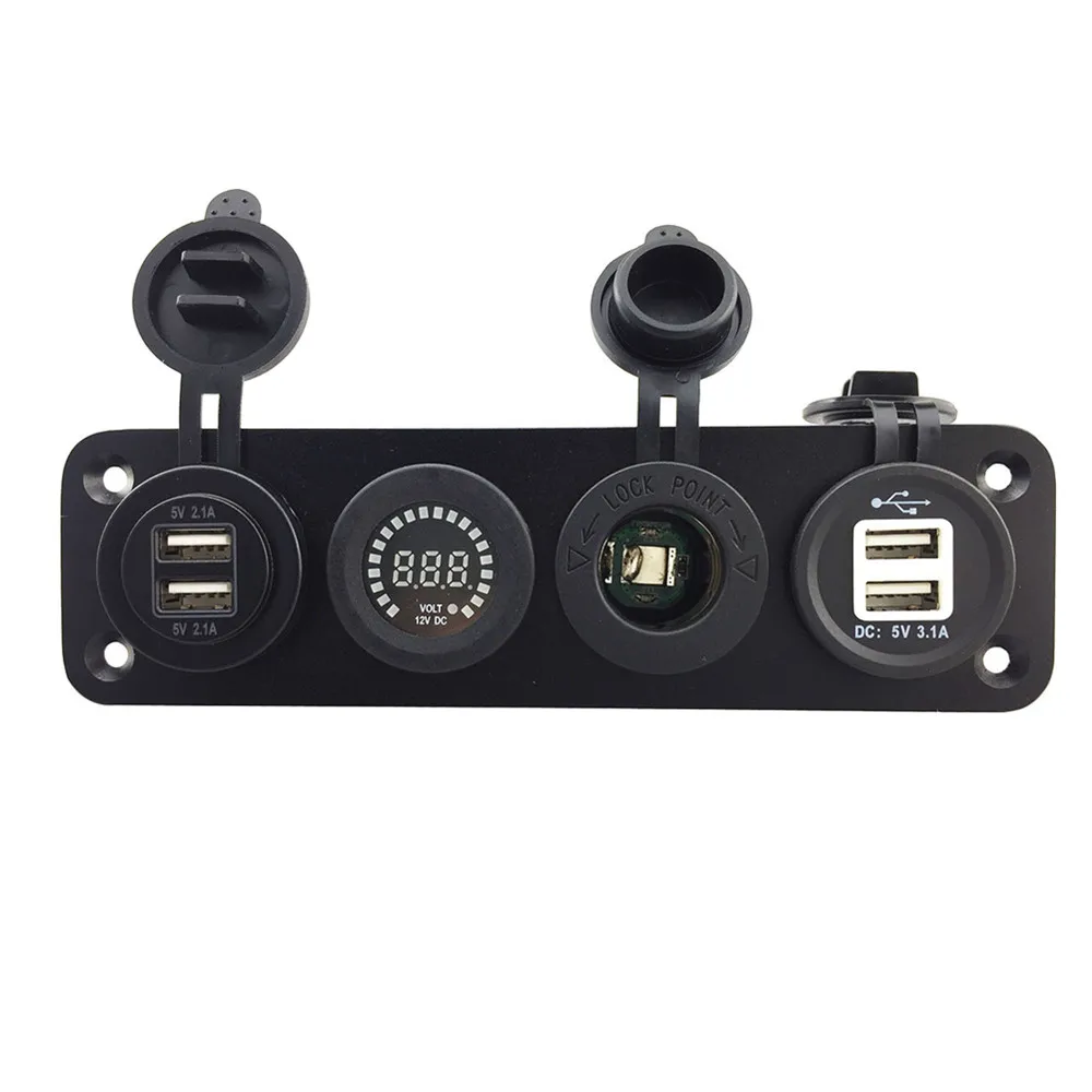 

4 In 1 Car Digital Voltmeter Dual 7.3A 4 USB Port Power Socket Four Hole Aluminum Panel With Wiring Kits