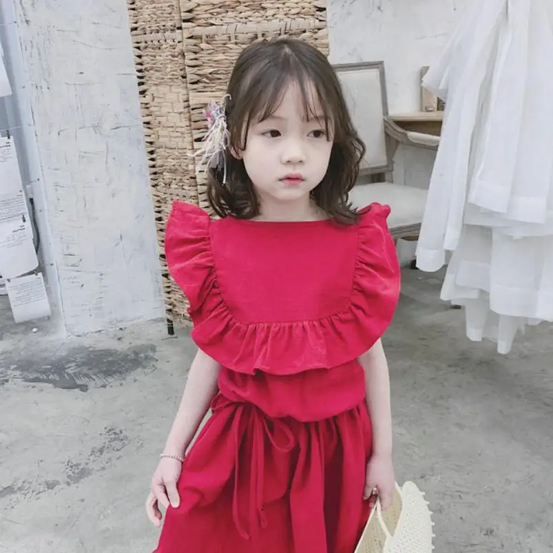 Однотонное красное платье с оборками для девочек летнее маленьких Vestidos детская