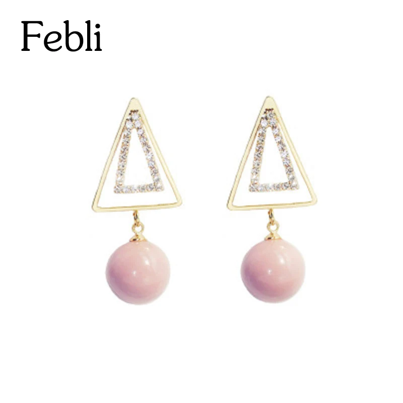 Febli Fresh Temperament Geometry Earrings Triangle And Simulated Pearl Pendants Girl Lovely Pink Colour Earring | Украшения и