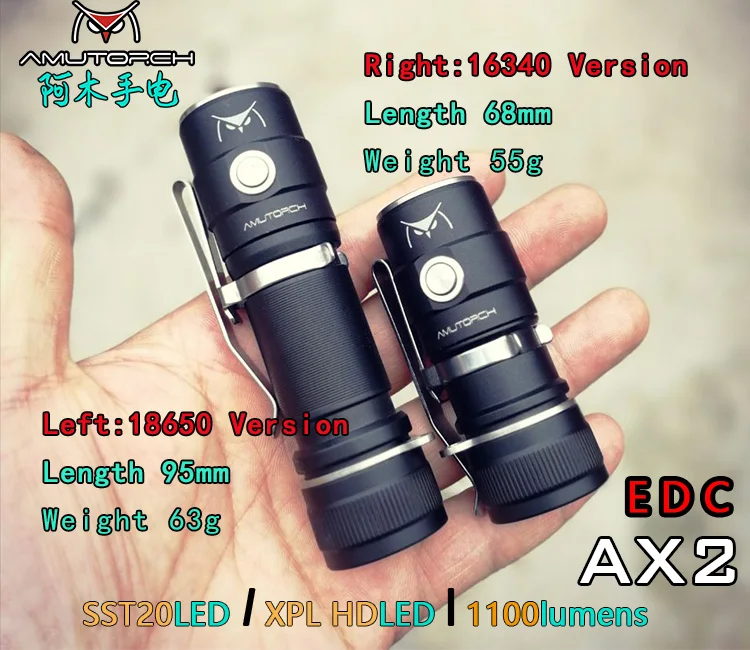 Amutorch AX2 XPL HD/SST20 мини светодиодная вспышка светильник 1100 лм мощный 16340 или 18350 Аккумулятор для повседневного использования, флэш-светильник брелок Светильник ручной фонарь