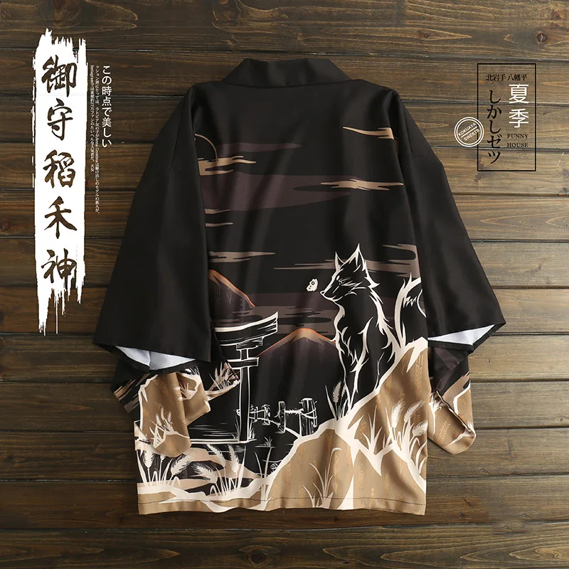 Японский свободный халат Fushimi Inari Patronus эскиз темно черного цвета haori летнее