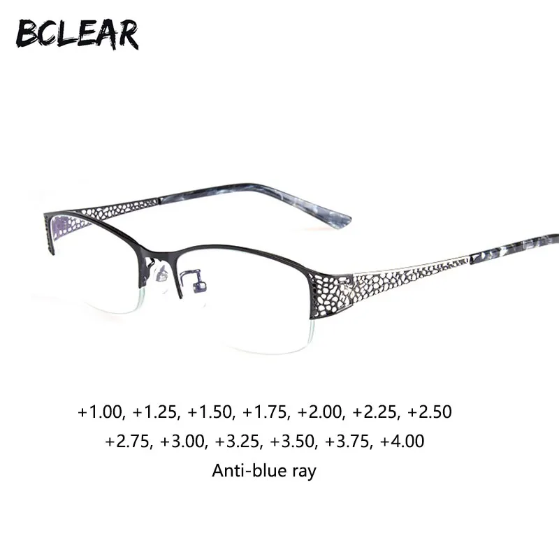 BCLEAR, модная Пресбиопия, половинная оправа, глаза для чтения, прозрачные, анти-голубые лучи, линзы для работы за компьютером, полый сплав, женские очки для чтения