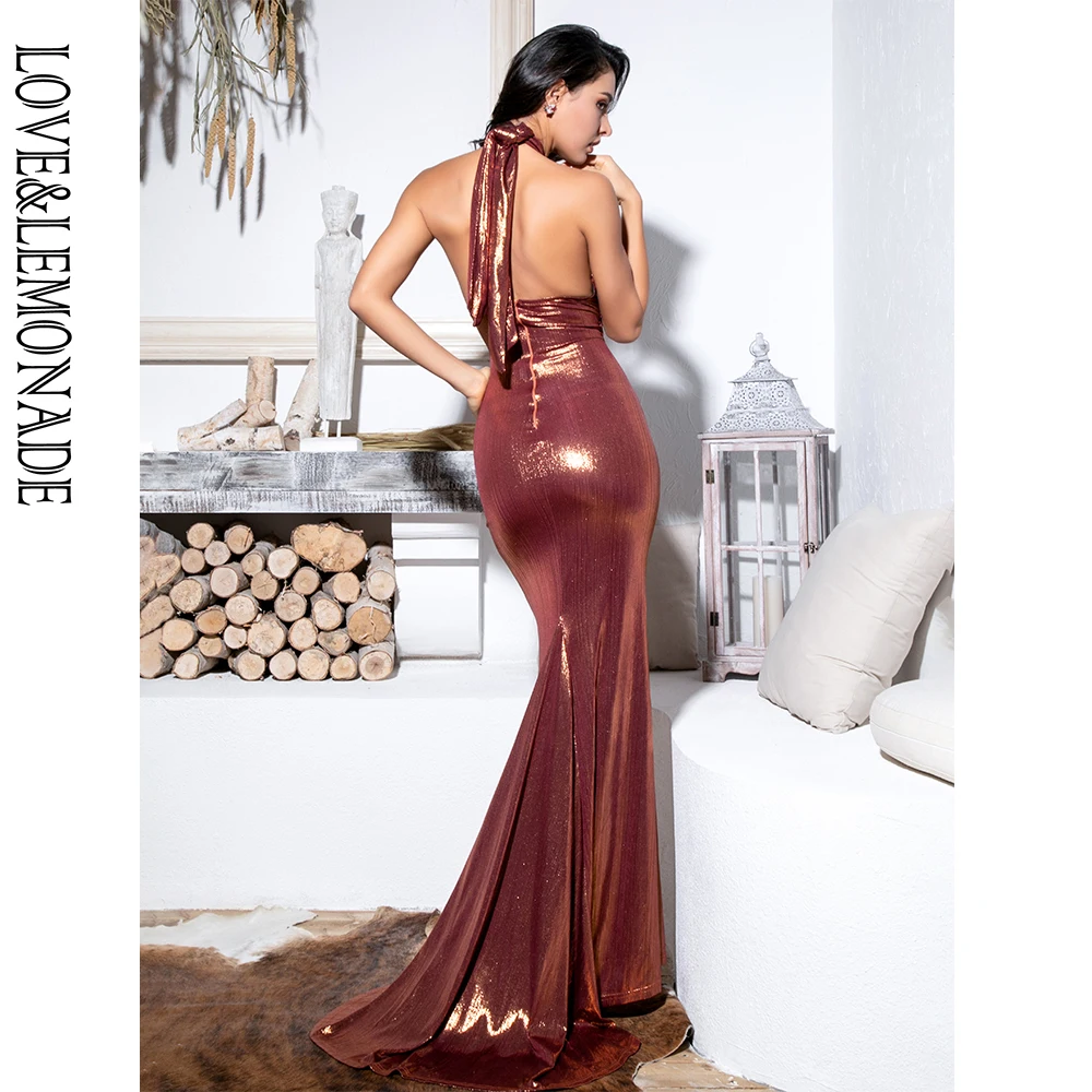 Женское длинное блестящее платье LOVE & LEMONADE коричневое облегающее из ткани со