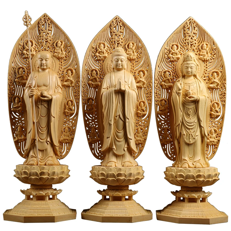 

Exquisite Hinoki Wood Craftsmanship: Trio of Buddhas and Guanyin Goddess Figurine – Spiritually Rich Statue Collection