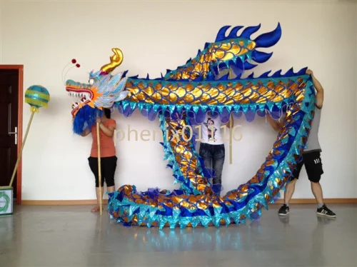 

14m Length Size 4 blue Gold plated Chinese DRAGON DANCE ORIGINAL Dragon Chinese Folk Festival Celebration Costume