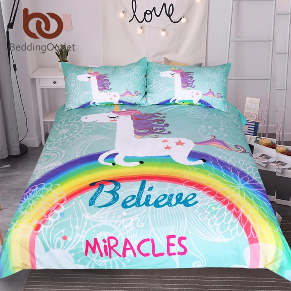 BeddingOutlet Unicorn Bedding Set Believe Miracles Cartoon Single Bed Duvet Cover Animal for Kids Girls 3pcs Rainbow Bedspreads