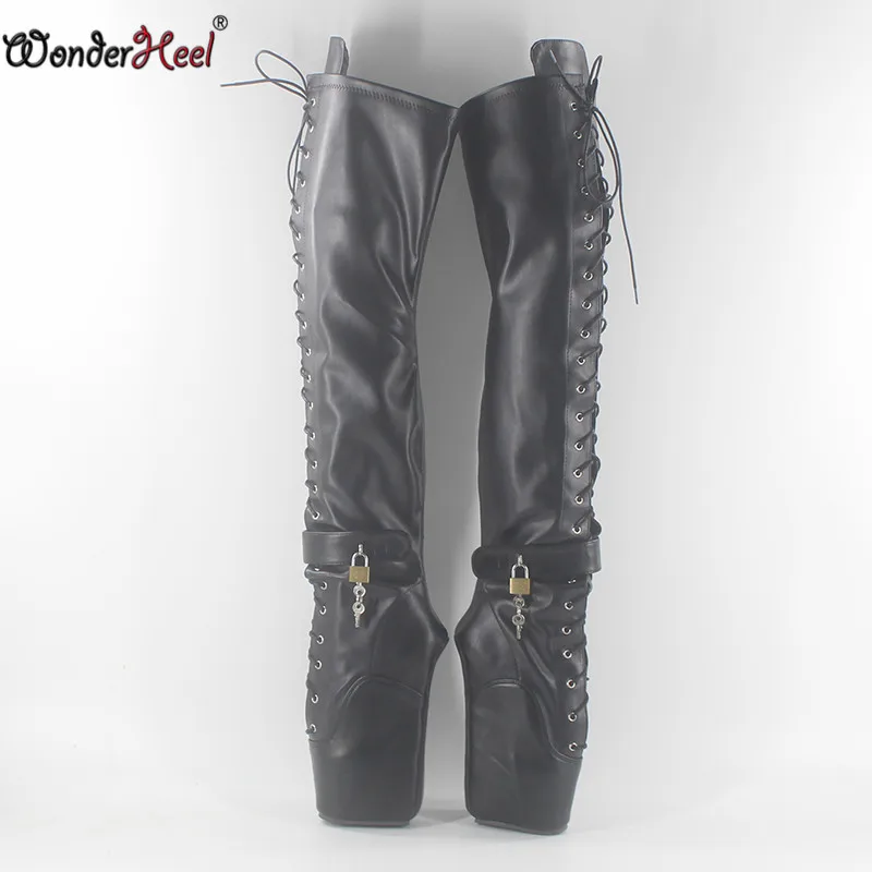 Wonderheel/балетные сапоги до бедра на очень высоком каблуке 7 дюймов; пикантные Черные Сапоги выше колена на высоком каблуке со шнуровкой и блестящими висячими замками