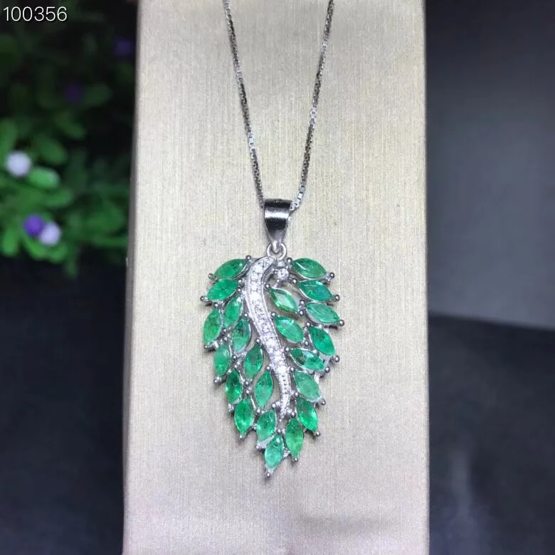 Uloveido Green Emerald Stone Leaf Pendant Necklace Women 925 Sterling Silver Gemstone Fine for Girl FN328 | Украшения и