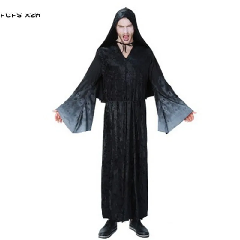 

Black Skeleton printing Men Wizard Cosplay Halloween Sorcerer Costume Carnival Christmas Purim Masquerade Nightclub party dress