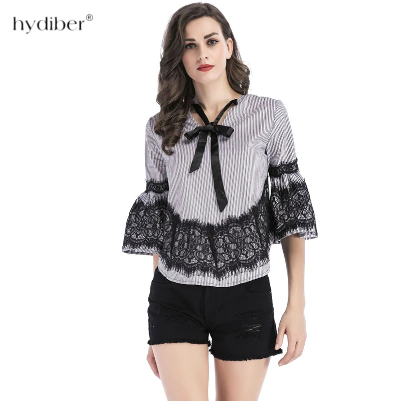 2XL Женская Весенняя летняя 2018 Модная элегантная кружевная блузка рубашка с