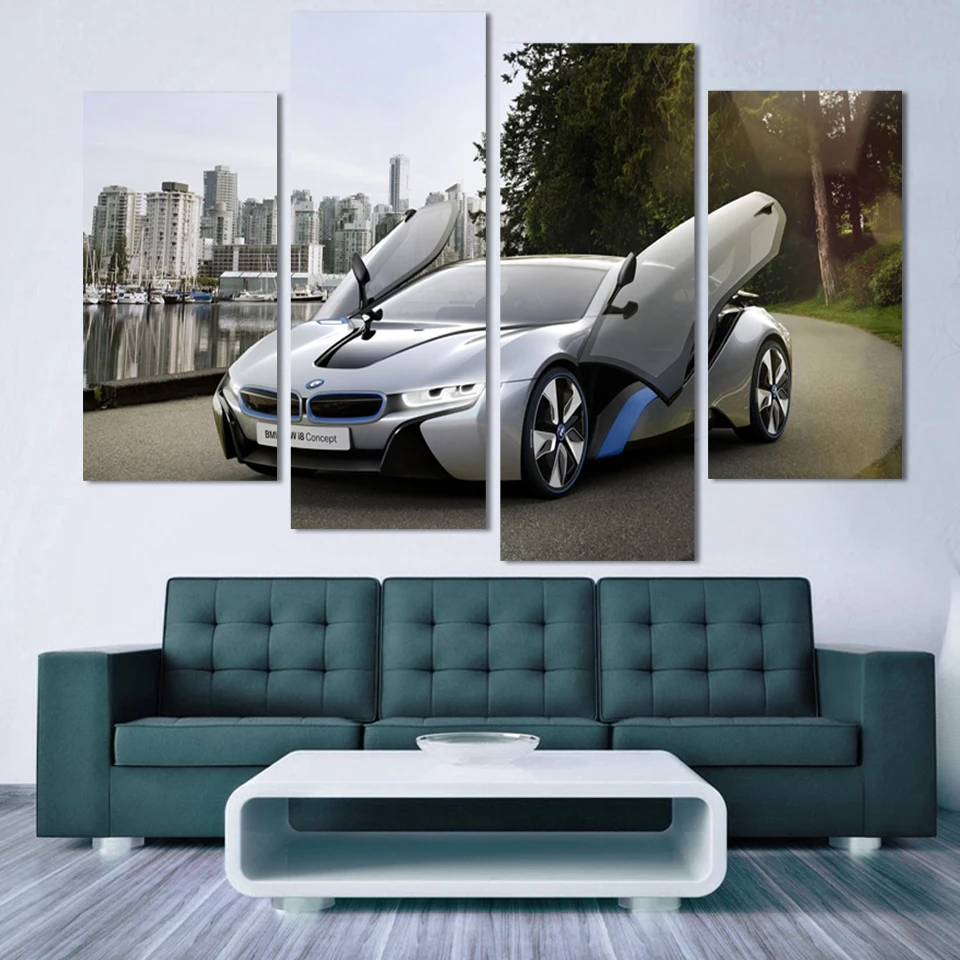 4Panel Modern picture Printed sliver Car and busy city Cuadros Wall Art Landscape Canvas Painting For Living Room No Framed F188 | Дом и сад
