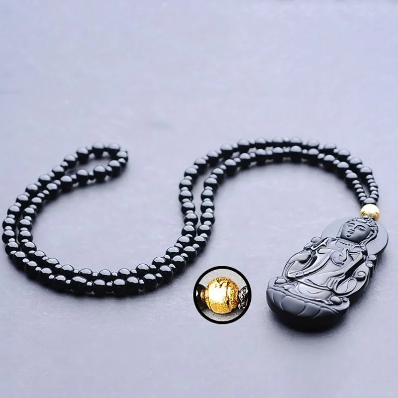 Ожерелье с подвеской AURAREIKI Obsidian Guanyin буддийский амулет Natrual резной кулон ретро