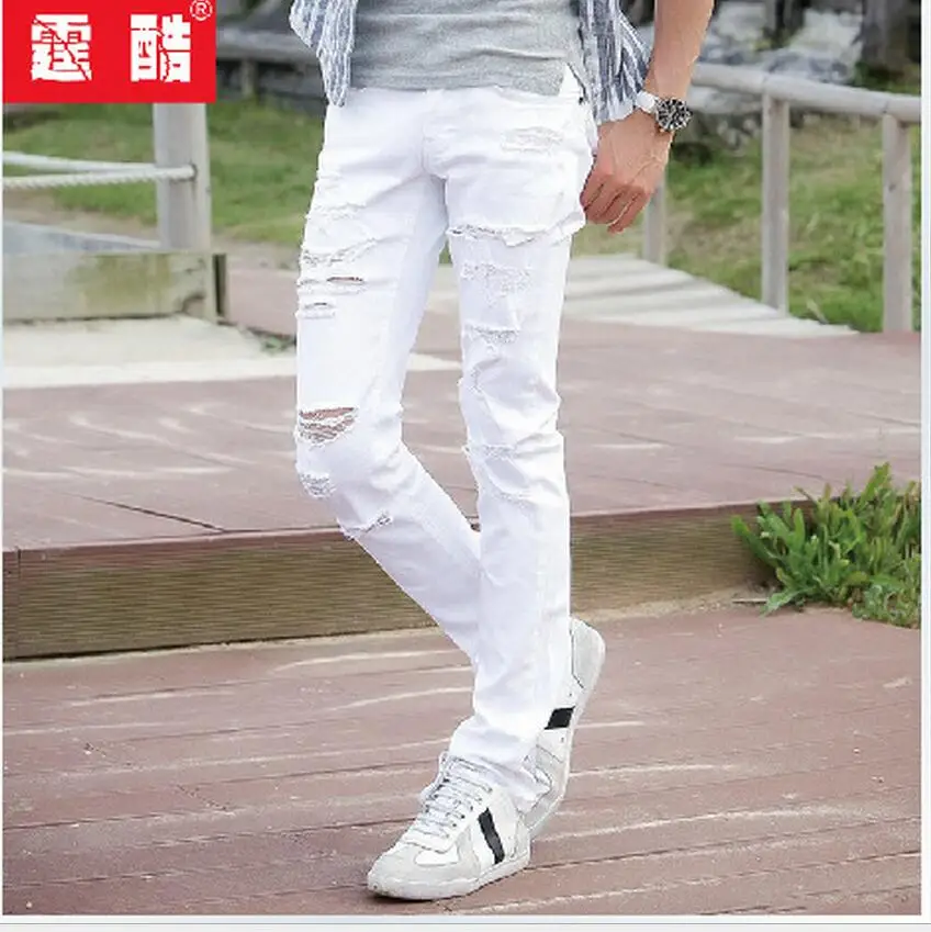 

27-36 New Korean Spring New Casual White Hole Skinny Jeans Tide Men Slim Pencil Pants Feet Trousers Hairstylist Singer Costumes