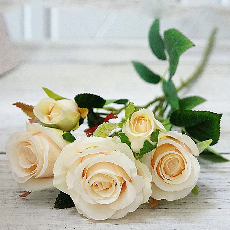Champagne flowers Розы Искусственные цветы для свадьбы настенный искусственный белый домашний декор пластиковая длинная ветка 5 голов розовые розы шелковые цветы - Цвет: Champagne flowers
