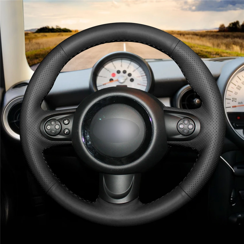 Чехол на руль MEWANT из натуральной кожи черного цвета для Mini(Hatchback/Mini R56/R57) Clubman Clubvan