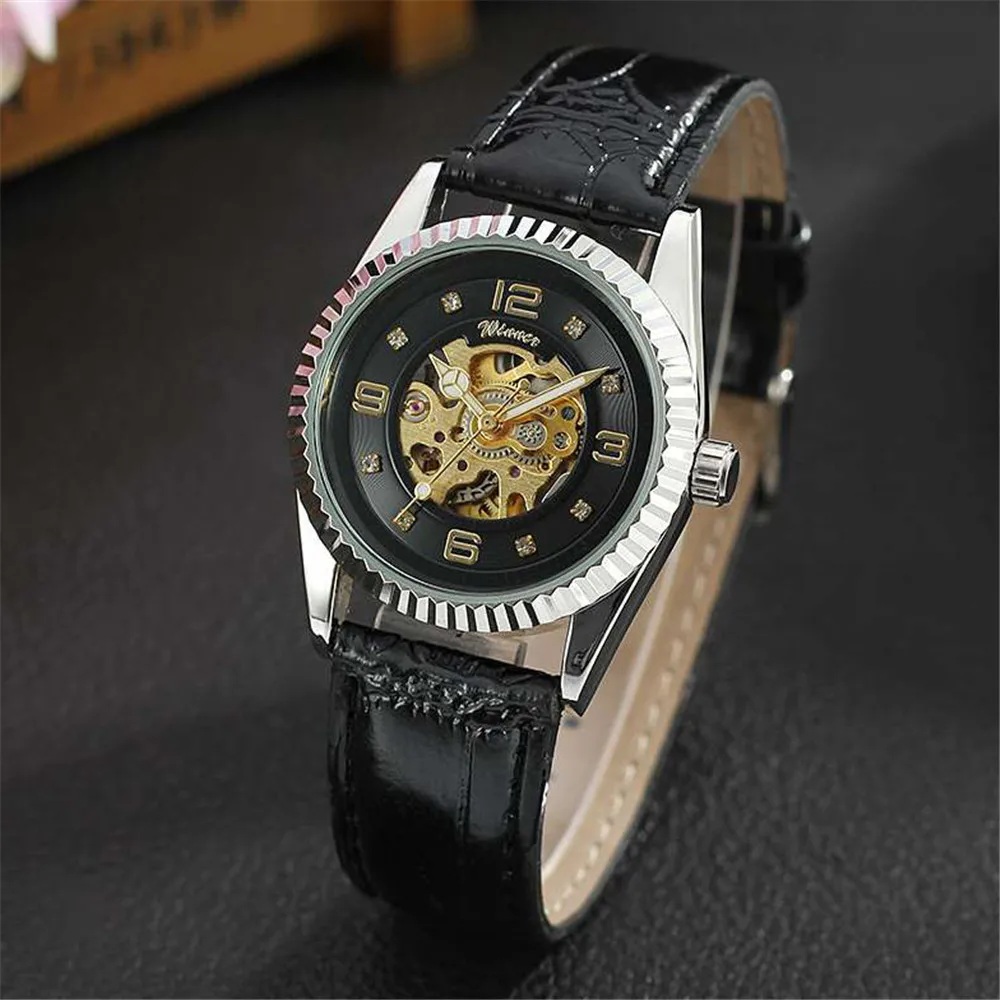 Часы WINNER для женщин классические часы со стразами женские роскошные скелетоны от
