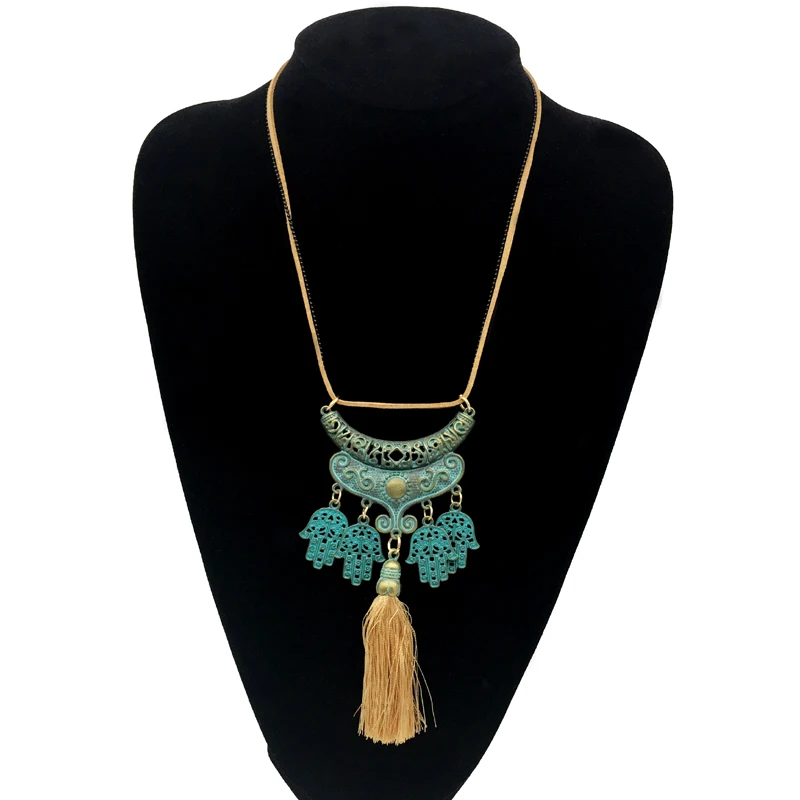 For women long necklaces&amppendants vintage green owl charms necklaces with black fringe boho jewelry ethnic bohemia femme | Украшения и