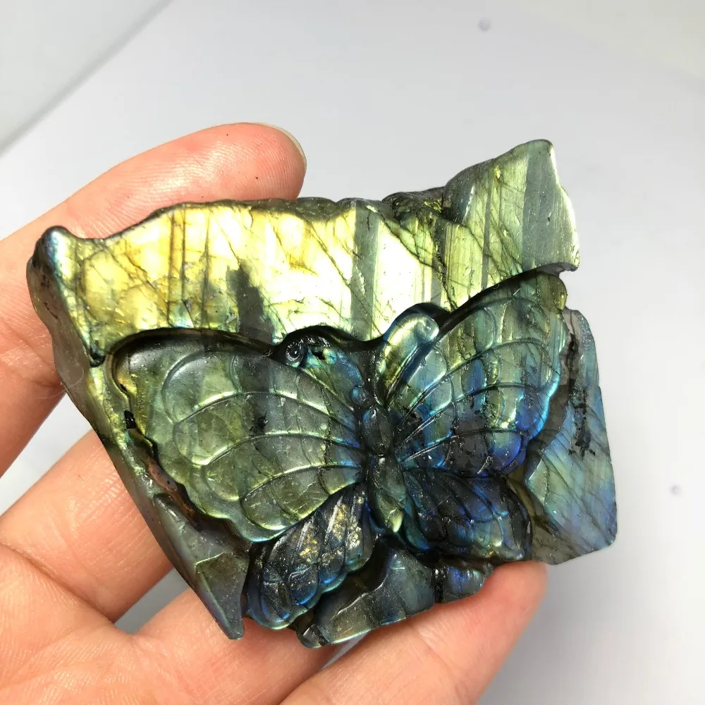 Сверкающая Красивая натуральная Лабрадорит с кристаллом бабочкой ручная резьба