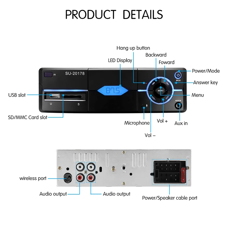 Автозапчасти 1DIN Bluetooth автомобильный стерео аудио плеер с держателем телефона в