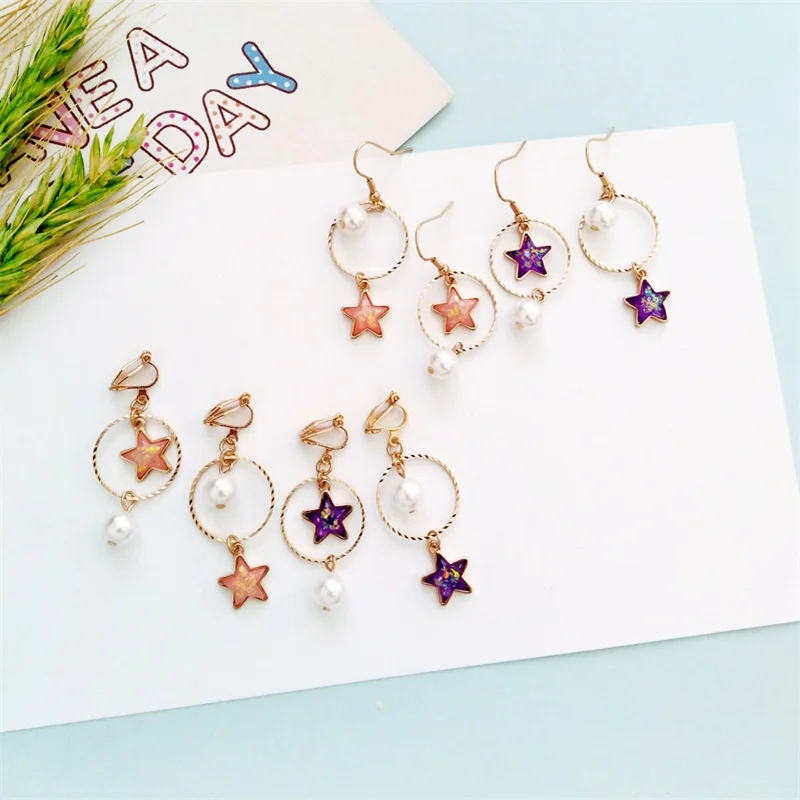 3* Japan and South Korea simple geometric metal ring simulation pearl pendant earrings star asymmetric ladies ear clip | Украшения и