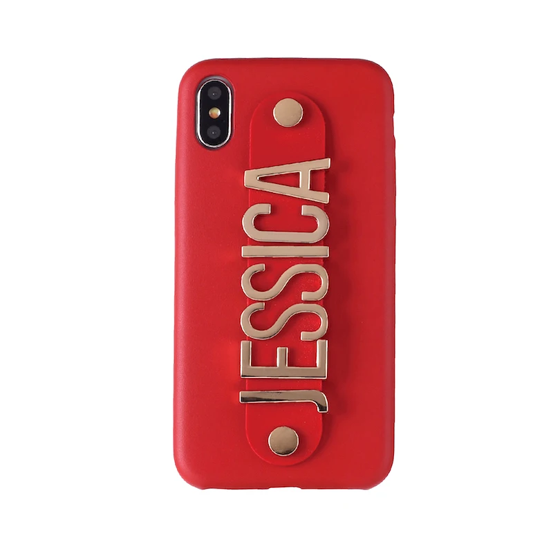 Red Leather Case Настоящая кожа Золотой Металл роскошный смелый пользовательский набор текста на телефоне чехол Coque Funda для iPhone 11 Pro Max 6S XS Max XR 7 7Plus 8 8Plus X - Цвет: Red Leather Case