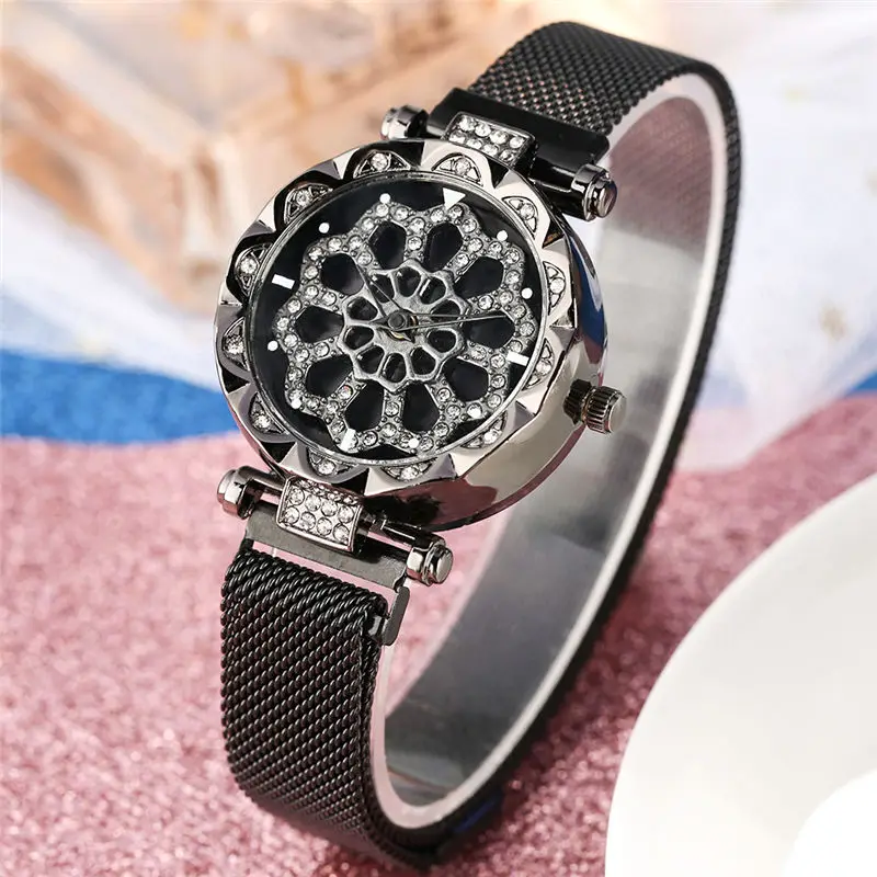 

Luxury Gold Women Watch Revolvable Dial Diamond-encrusted Steel Mesh Quartz Women Watches Magnet Buckle Top Brand Clock relojes