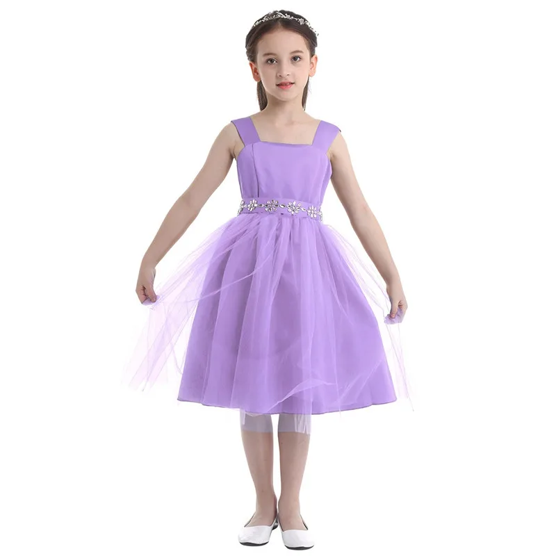 

Kids Girls Mesh Formal Wedding Birthday Party Dress Summer Princess Dresses with Detachable Rhinestone Sash Flower Girl Dress
