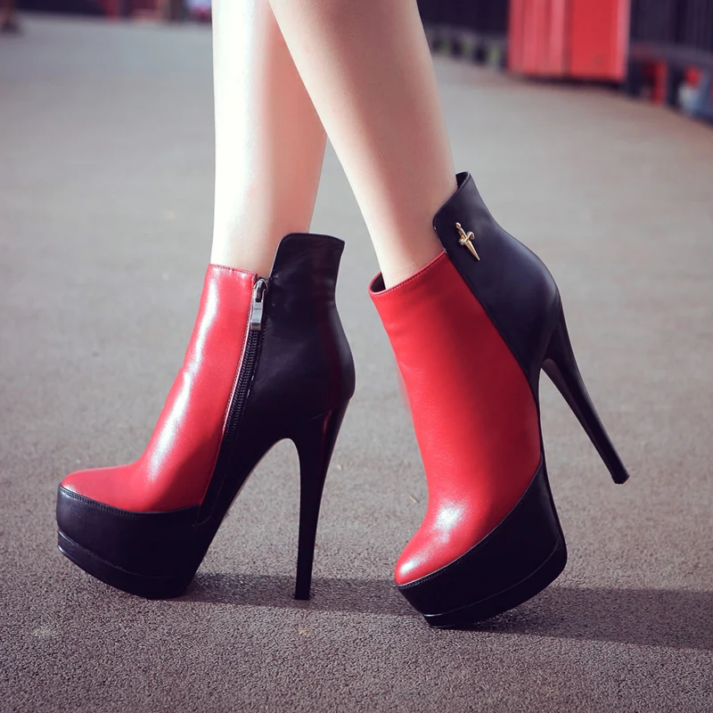 

European street style genuine leather cowhide ankle boots color matching zipper platform thin high heel women's riding boots