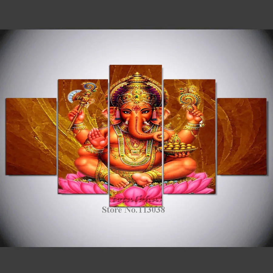 5 панелей лорд Ганеша печатная Картина на холсте голова слона для гостиной