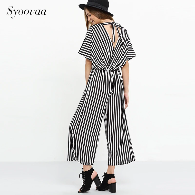 Syoovaa полосатый принт женские комбинезон Винтаж Европейский Стиль Мода Playsuit 2017
