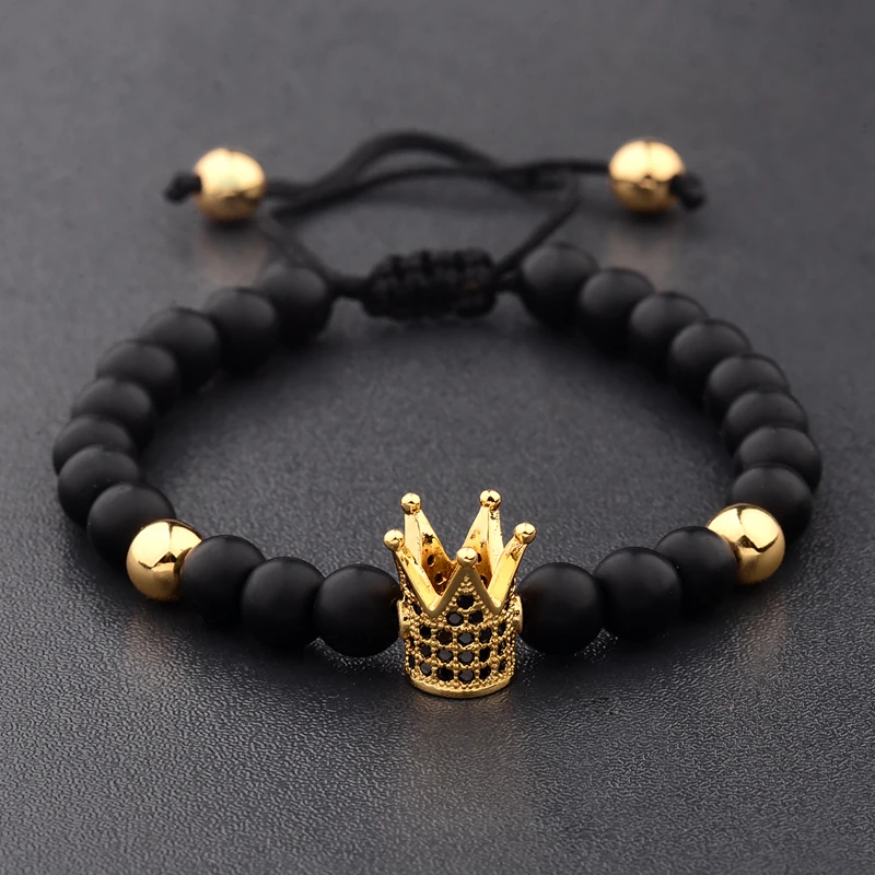 

Charm Men 6mm Natural Stone Bead Bracelets Crown Black Zircon Rope Braided Luxurious Bracelet Adjustable Pulseras ABL007