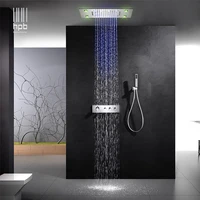 hpb wall mounted led 3 colors 3way rainfall waterfall shower faucets sets with thermostatic 3 function mixing valve 014 50x36p n