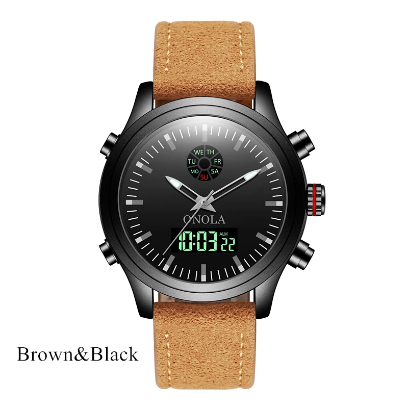 brown black ONOLA брендовые высококачественные прочные мужские спортивные военные часы, мужские наручные часы с двойным дисплеем со светодиодной подсветкой, Цифровые мужские часы s - Цвет: brown black