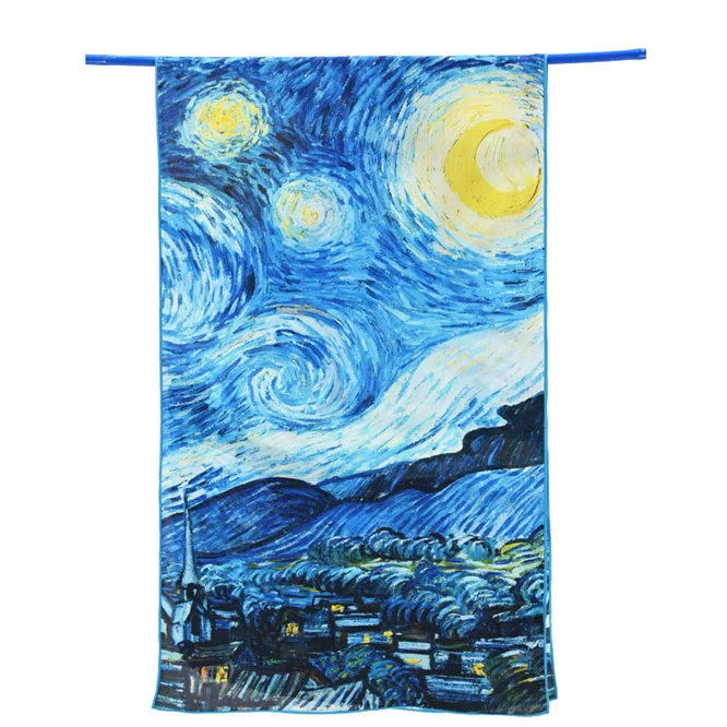 Van Gogh-StarryNight Yilijin натуральный шелковый шарф для женщин Винсента Ван Гога известный масляными красками напечатанный художественный шелковый платок и обертка 160x45 см - Цвет: Van Gogh-StarryNight