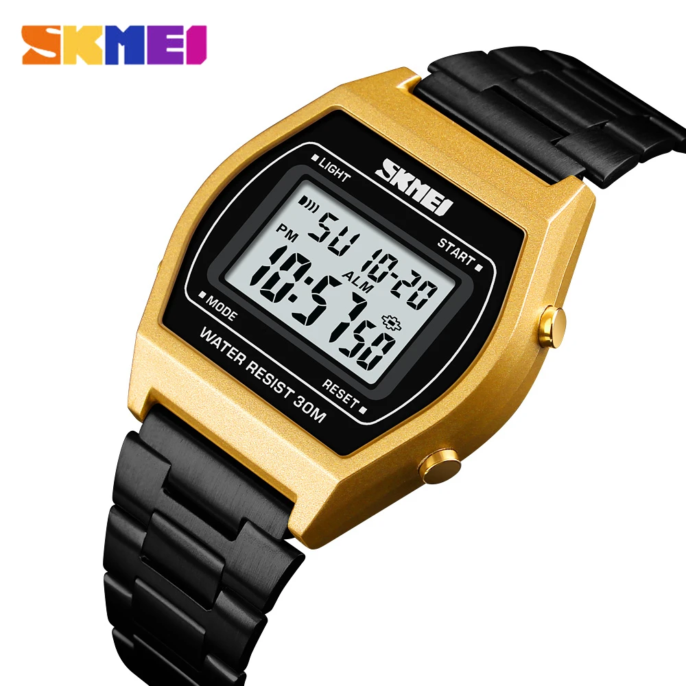 Gold Black SKMEI, мужские, женские, Роскошные, цифровые часы, водонепроницаемые, модные, мужские часы, светодиодный, Лидирующий бренд, для улицы, спортивные, наручные часы, Relogio Masculino 1328 - Цвет: Gold Black